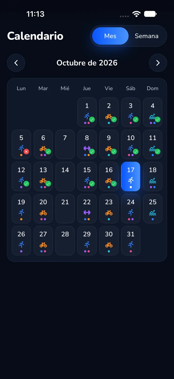 Calendario del mes con los entrenamientos